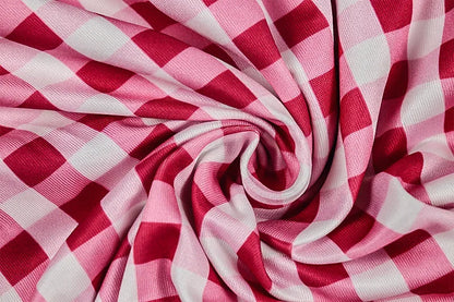 Cute Pink Checkered Mini Dress Square Neck Sleeveless Slim Waist Ruched Bubble Hem A-Line Summer Short Dress for Women