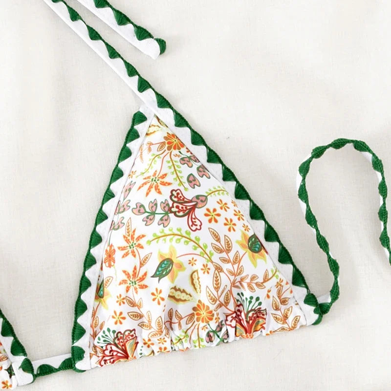 Sexy String Halter Triangle Bikini Floral Print Swimwear Women Micro Thong Swimsuits Bather Bathing Suit Bikini Biquinis Swim