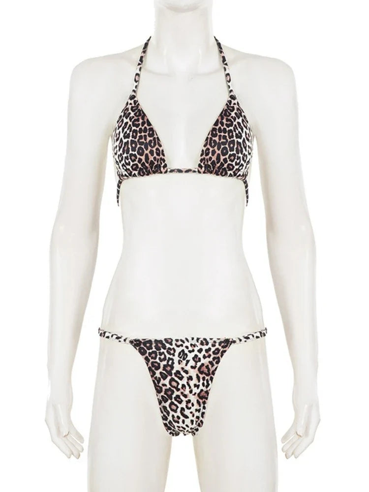 Women Leopard Print Bikini Set Sexy Wild Summer Beach Tie-up Triangle Bikini Top and Low Rise Boyshorts 3 Pieces Set