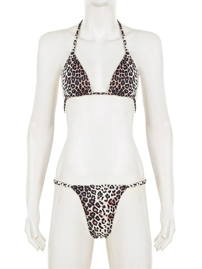 Women Leopard Print Bikini Set Sexy Wild Summer Beach Tie-up Triangle Bikini Top and Low Rise Boyshorts 3 Pieces Set