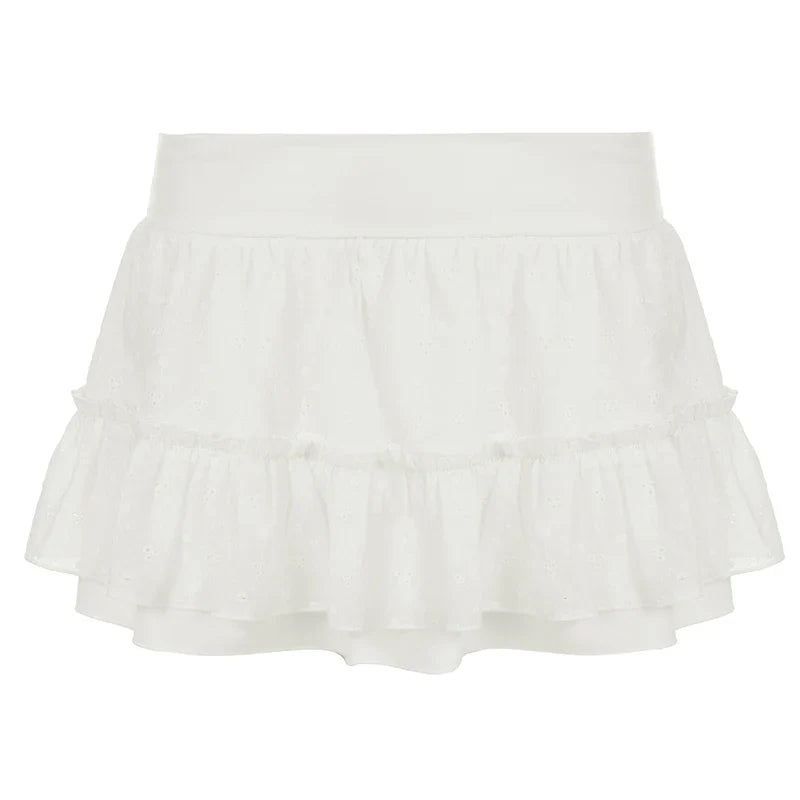 White Cute Layered Skirt Eyelet Embroidery Low Waisted Pleated Skirt Summer Vacation Sweet Style Hotty Miniskirt Y2K