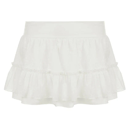 White Cute Layered Skirt Eyelet Embroidery Low Waisted Pleated Skirt Summer Vacation Sweet Style Hotty Miniskirt Y2K