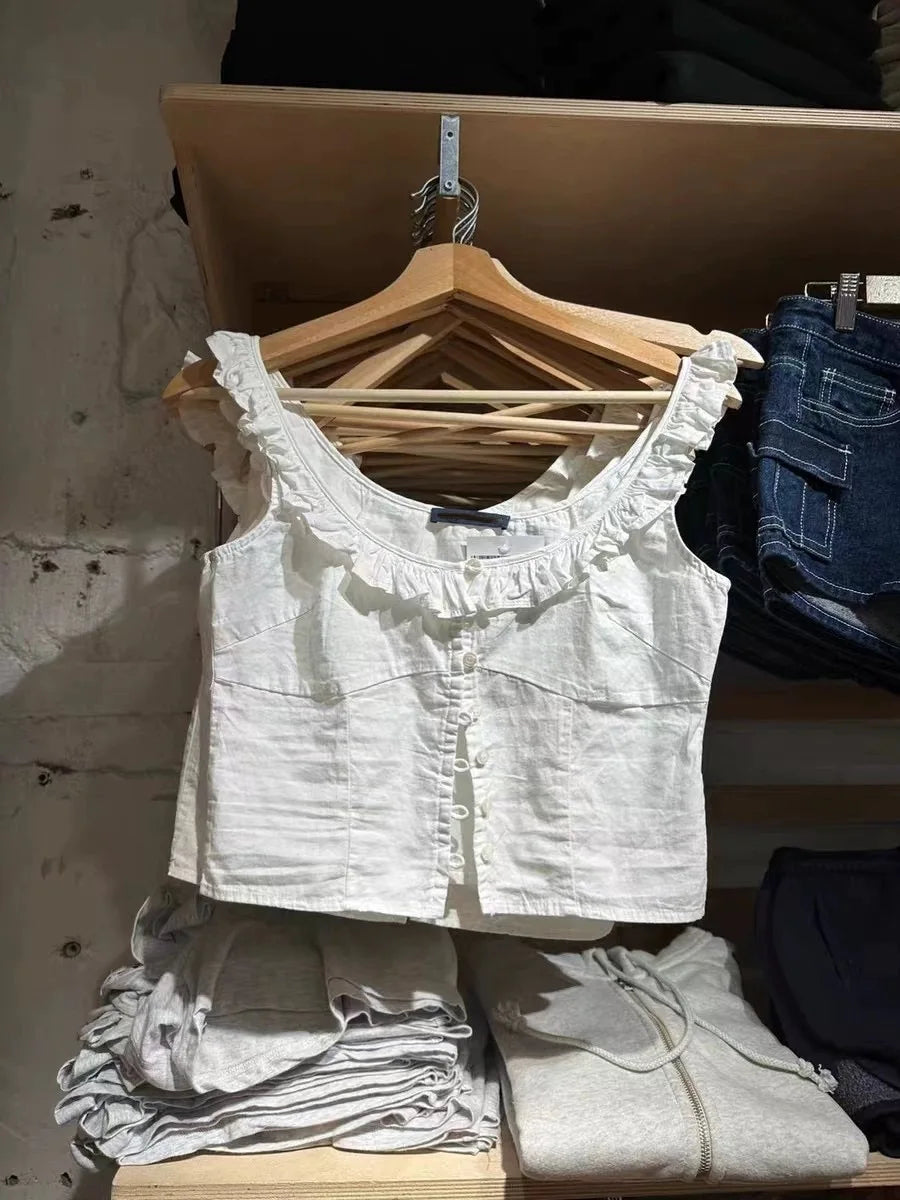 Sweet Women White Tank Top 2024 Fashion Summer Ladies Flanged Lace Button-down Sleeveless Female Camisole Top