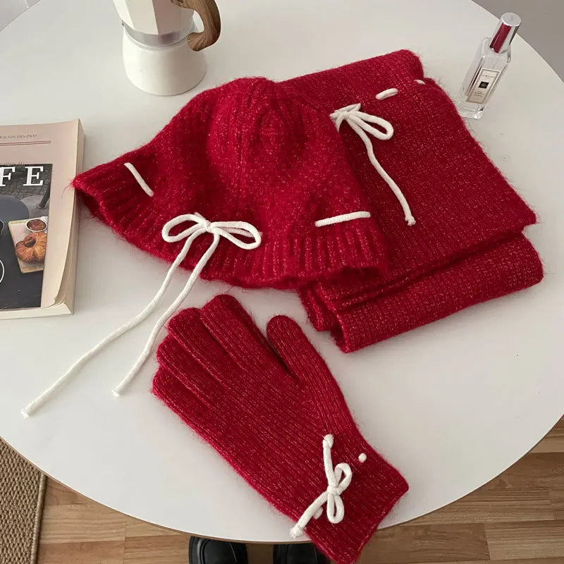 Knitted Scarf Gloves Caps Three Piece Set For Women&Men Winter Thicken Warm Bucket Hat Christmas Coldproof Hat Muffler Glove Set