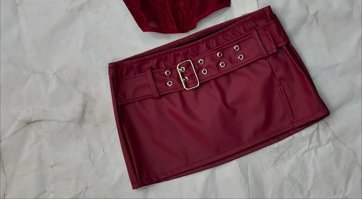 Y2K Suspender Leather Short Skirt Two Piece Set Feminine Lace Personalized Design Punk Motorcycle Style Mini Leather Skirt Suit