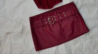 Y2K Suspender Leather Short Skirt Two Piece Set Feminine Lace Personalized Design Punk Motorcycle Style Mini Leather Skirt Suit