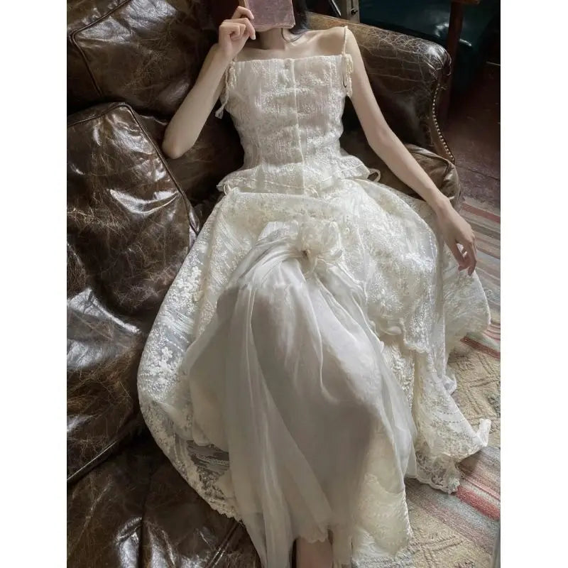2024 Summer New Style High-grade Elegant Palace Embroidered Flower Sling Top Irregular Skirt Senior Suit