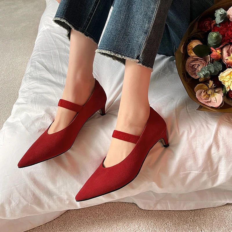 Women Pumps 5 cm Fashion Ladies Spring Shoes One Strap Genuine Leather High Heel Pointed Toe Pumps