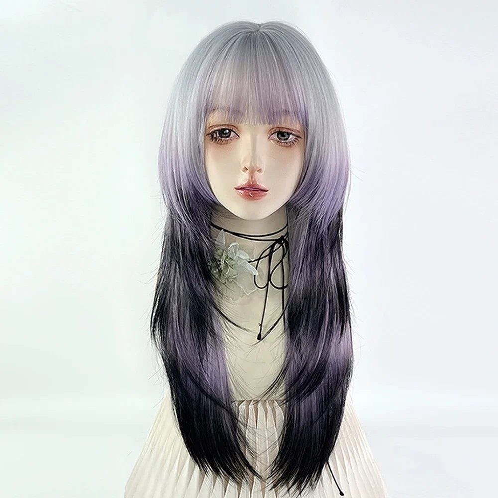 Grey Ombre Purple Black Jellyfish Head Wig Long Straight Synthetic Women Fluffy Lolita Cosplay Wig for Daily Party