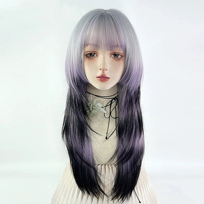 Grey Ombre Purple Black Jellyfish Head Wig Long Straight Synthetic Women Fluffy Lolita Cosplay Wig for Daily Party