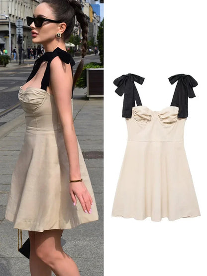 Elegant Bow Sling Mini Dress Women Sleeveless Backless High Waist Contrast A-line Party Dresses 2024 Summer New Chic Lady Robe
