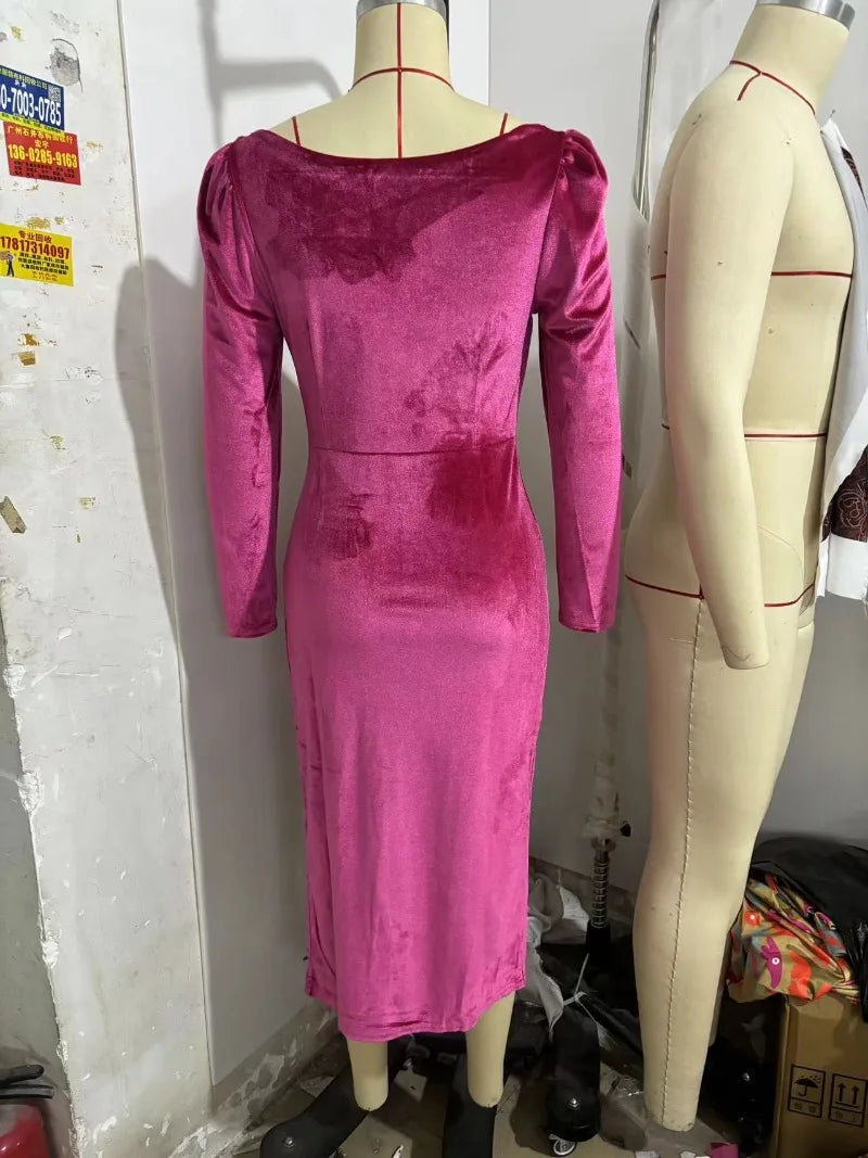 Women Elegant Metal Buckle Ruched Asymmetrical Velvet Dress Sexy Swinging Collar Full Sleeve Bodycon Slit Party Long Robe