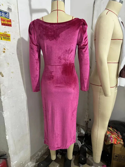 Women Elegant Metal Buckle Ruched Asymmetrical Velvet Dress Sexy Swinging Collar Full Sleeve Bodycon Slit Party Long Robe