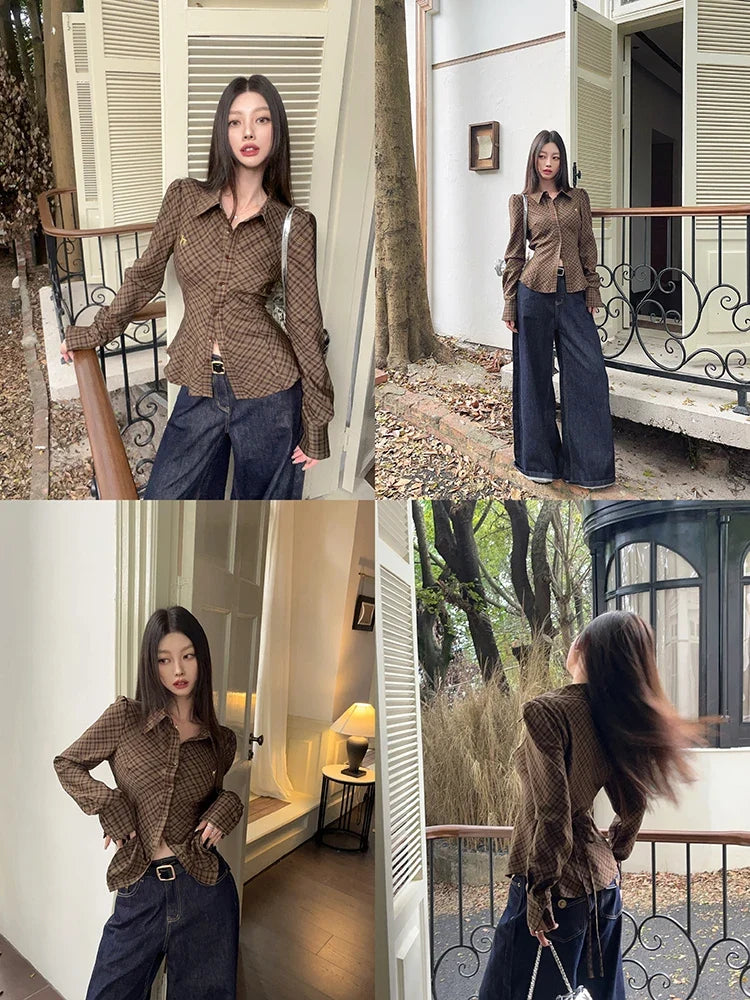 Vintage Plaid Shirt Women Brown Embroidered Waistband Tied Blouse Puff Sleeve Tops Spring Slim Button Up Clothes Chic