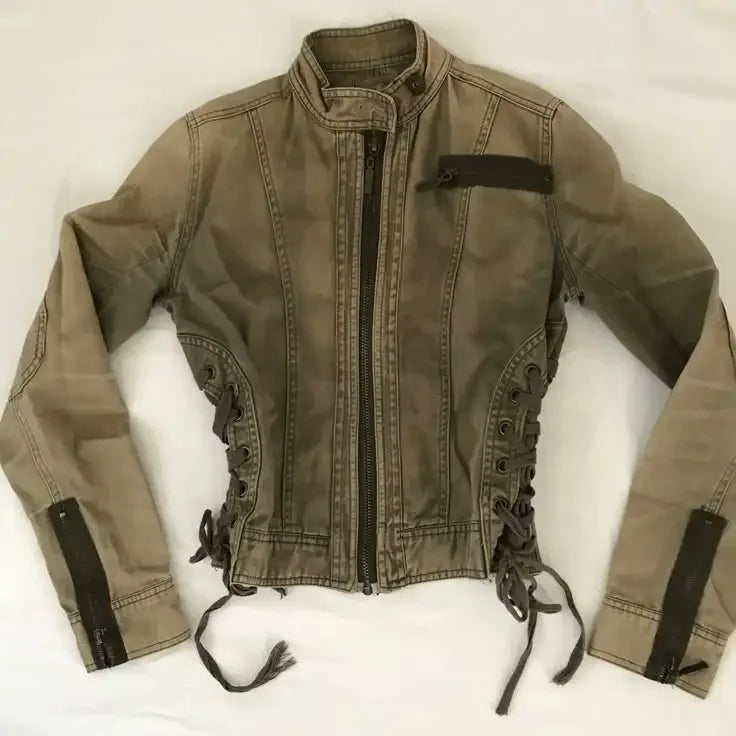 Streetwear Y2K Bomber Jacket Women Harajuku Stand Collar Zipper Jacket Gothic Army Green Motorcycle Jacket Slim Fit Denim Coat