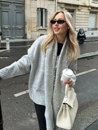 Elegant Solid Scarf Collar Knitted Cardigan Women Chic Full Sleeve With Pocket Loose Sweater New Autumn Lady Casual Street Wear