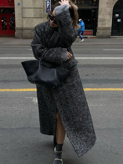 Women Herringbone Wool Tweed Overcoat Fashion Long-Sleeved Turn-down Collar Coat Double Breasted High Street Outerwears