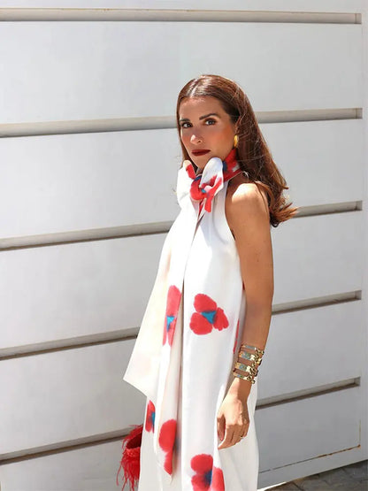 Women Elegant Tie Dye Sleeveless Pleat Long Dresses Fashion Floral Print Patchwork Contrasting Maxi Dress Lady Holiday Robe