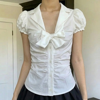 Temperament Preppy Style Bow V Neck Puff Short Sleeve Women's Blouse Y2k Aesthetic Harajuku Pleated Casual Shirts Spice Clothes