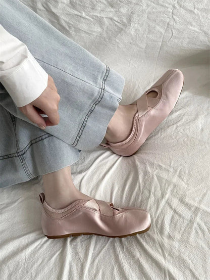New Women's Ballet Slippers Pink Soft Sole Shallow Heel Round Head Fiberglass Fabric Retro Style Low Heel