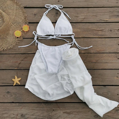 Summer Sexy Lace Bikini 2 Piece Set Women Solid White Halter Bandage Bra Lace Up Briefs Floral Bodycon Skirt Beach Swimwear