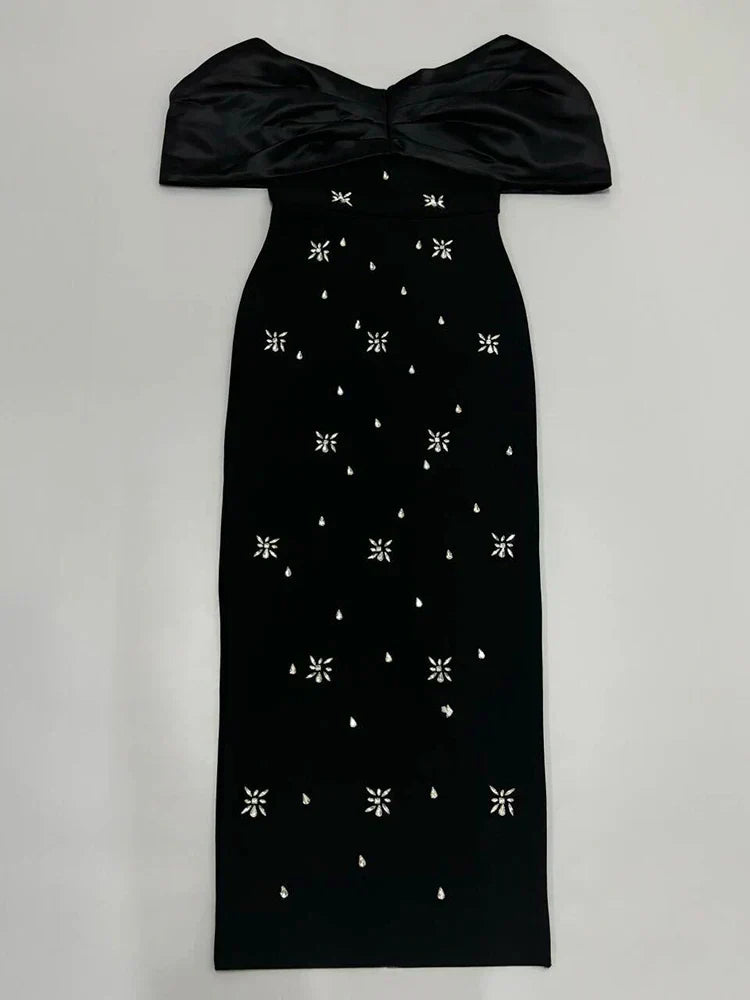 Off Shoulder Crystal Embellished Bow Neck Bodycon Midi Dress