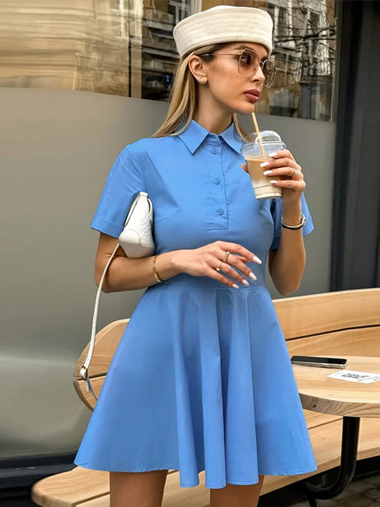 Elegant Blue Lapel Short Dresses Women Versatile Chic Slim Fit Full Sleeve Single Breasted Mini Dress Female Chic Street Daily