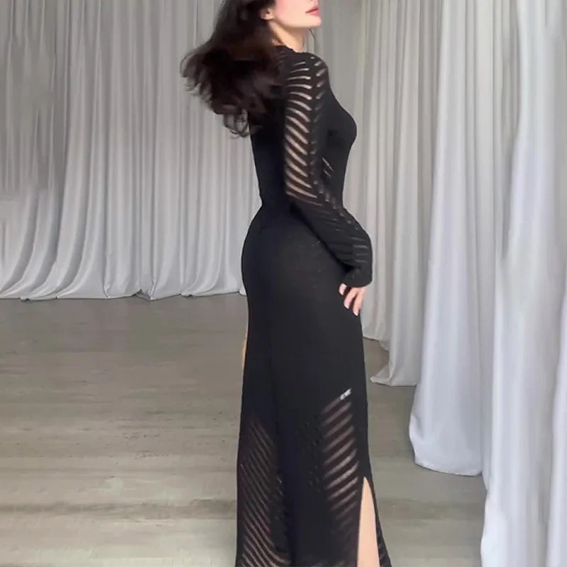 Chevron Mesh Panel Crew Neck Sleeveless Side Slit Knit Maxi Dress