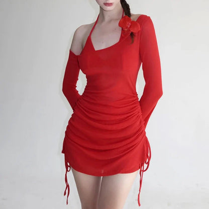 Halter Tie Flowers Fake Two Piece Dress Set Long Sleeve Draw String See Through Mesh Dresses Women Night Party Mini Dresses