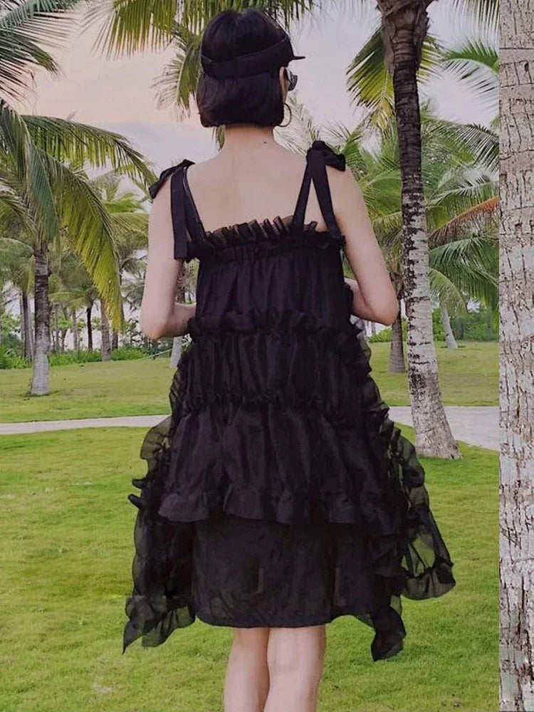 Dark Black Suspender Summer Dress for Women Irregular Ruffles Sweet Fairycore White Dresses Fashion Chic Lady Clothes