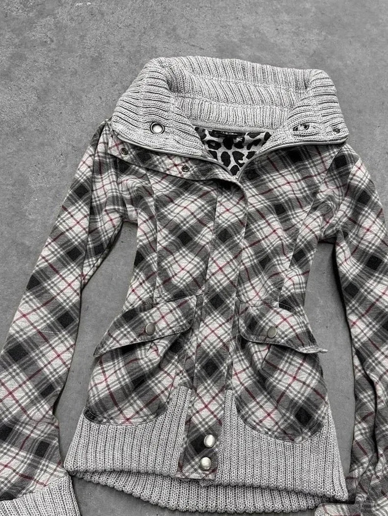 Fashion y2k Millennium Hot Girl vintage plaid plush hooded coat versatile autumn and winter coat, women's niche design slim coat