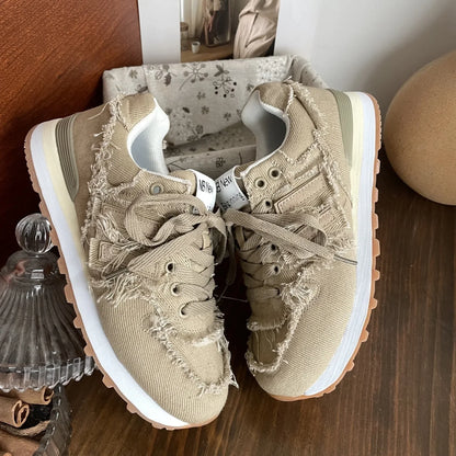 Shoes Woman Round Toe Casual Female Sneakers Espadrilles Platform New Retro Sports Fabric Fretwork Lace-Up Rubber Solid Lei