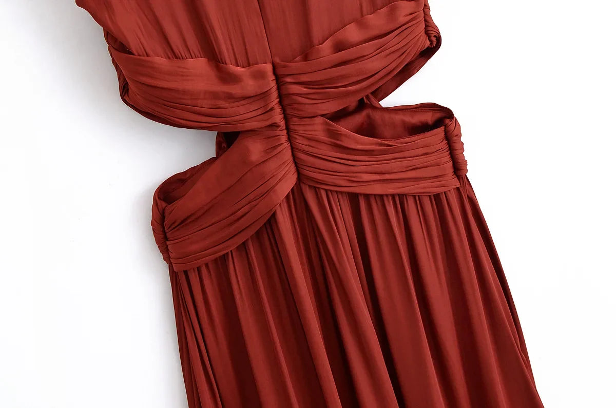 Summer new women's fashion versatile high-end simple round neck sleeveless party silk textured mid-length dress