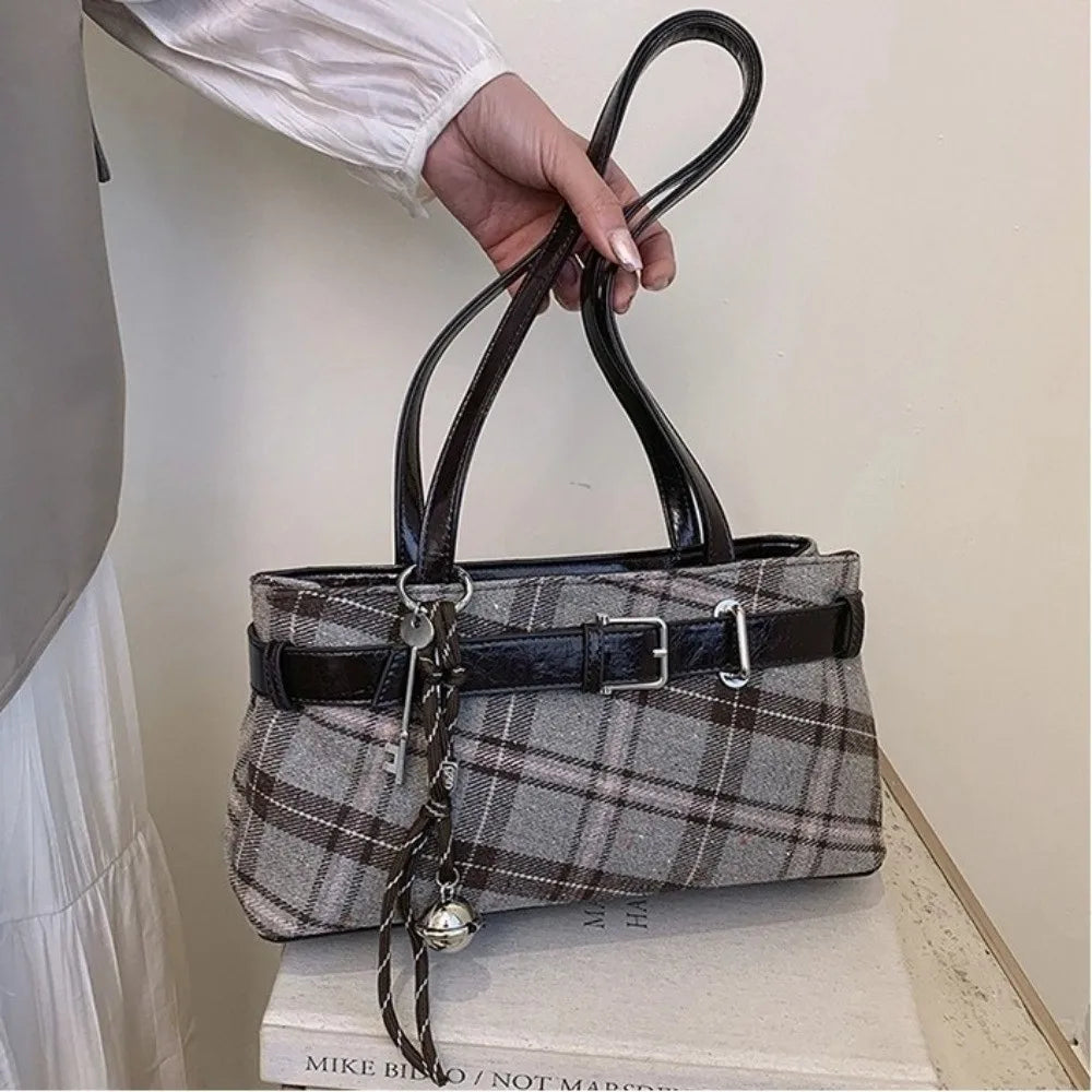 Fashion Handbag Boho Shoulder Bag Bell Pendant Lightweight Tote Bag Plaid Underarm Bag Women