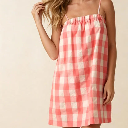 Women Y2k Gingham Mini Cami Dress Boho Graphic Spaghetti Strap Flowy Short Dress Cute Summer Holiday Sundress