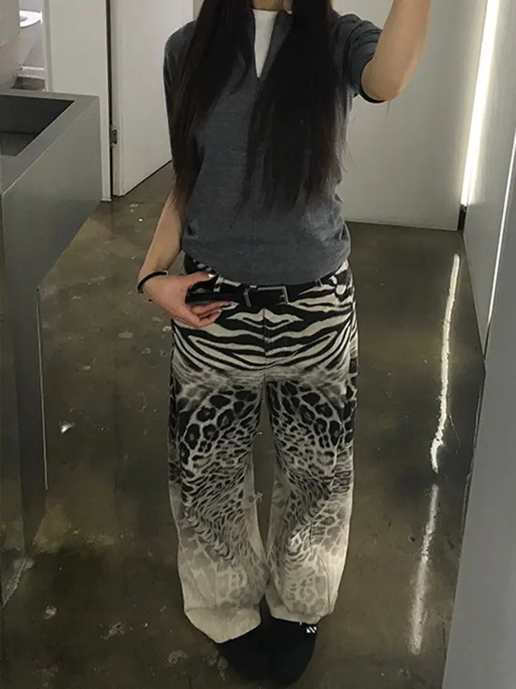 Design Sense Leopard Print Gradient Print Jeans for Children Retro Loose Straight Leg Floor Length Pants