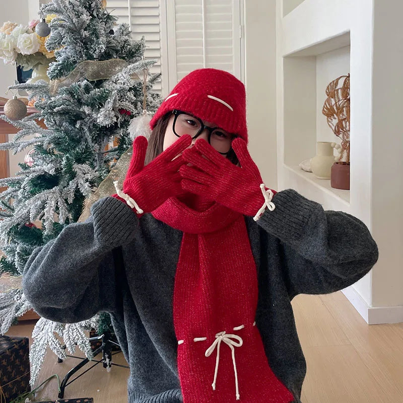 Knitted Scarf Gloves Caps Three Piece Set For Women&Men Winter Thicken Warm Bucket Hat Christmas Coldproof Hat Muffler Glove Set