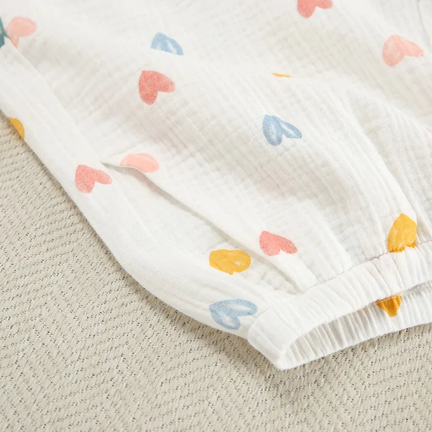 Heart Print Lapel Short Sleeve Top + Shorts Pajamas Loose 100% Cotton Comfortable Women Sets Casual Homewear Sleepwear Outfits