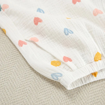 Heart Print Lapel Short Sleeve Top + Shorts Pajamas Loose 100% Cotton Comfortable Women Sets Casual Homewear Sleepwear Outfits