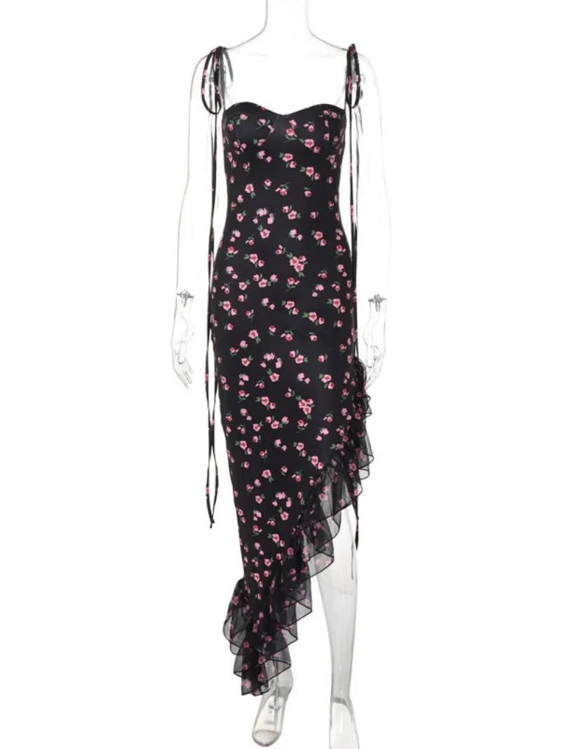 Women's Floral Print Bandage Suspender Holiday Dress Sexy Summer Lace-up Sleeveless Irregular Mesh Ruffles Black Evening Dresses
