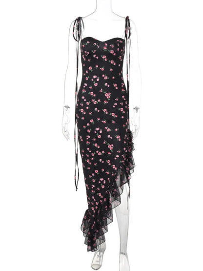 Women's Floral Print Bandage Suspender Holiday Dress Sexy Summer Lace-up Sleeveless Irregular Mesh Ruffles Black Evening Dresses