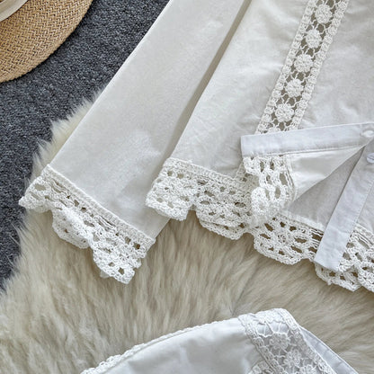 Crochet Patchwork Shorts Sets Women Single Breasted Lapel Collar Long Sleeve Blouse Summer Casual Fashion White Two-piece Set