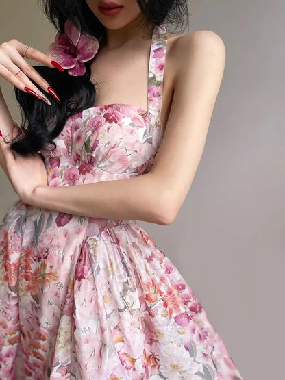 Suspender Dress Floral French Exquisite Print Summer Vacation Seaside Swing Long Women'S Long Dress