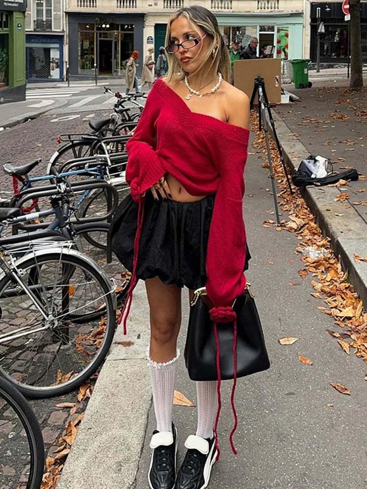 Crochet Flower Tassel Knitted Women's Pullover V-neck Long Sleeve Solid Color Sweater Fashion Casual Loose Retro Women Sweaters