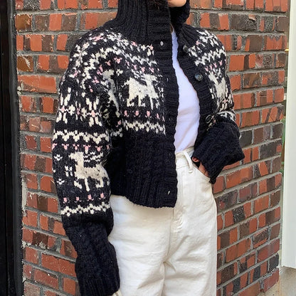 Retro Gentle Style Stand Collar Single Breasted Christmas Knitted Top Elk Jacquard Long Sleeve Sweater Jacket Cropped Cardigan