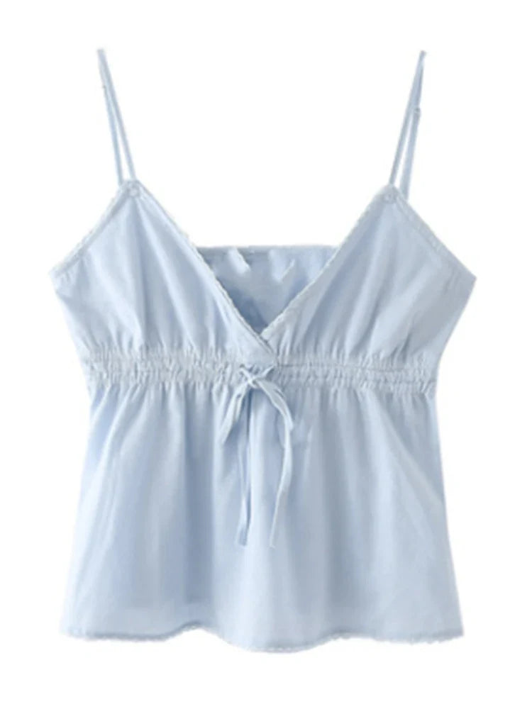 Casual Women Blue V Neck Lace Drawstring Slim Camisole Summer Fashion Ladies Spice Female Knitted Sleeveless Top