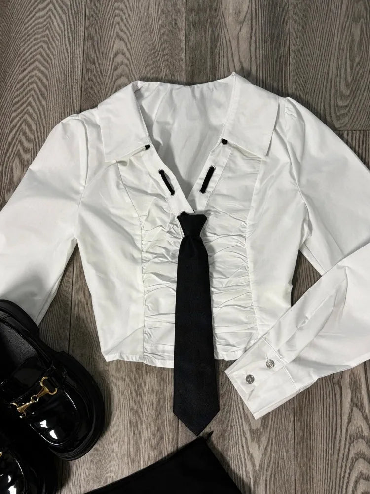 Simple V-neck Slim Fit Long Sleeve White Shirts Women+ Y2k High Waist Ruched Black Skirts Summer New Two Piece Sets