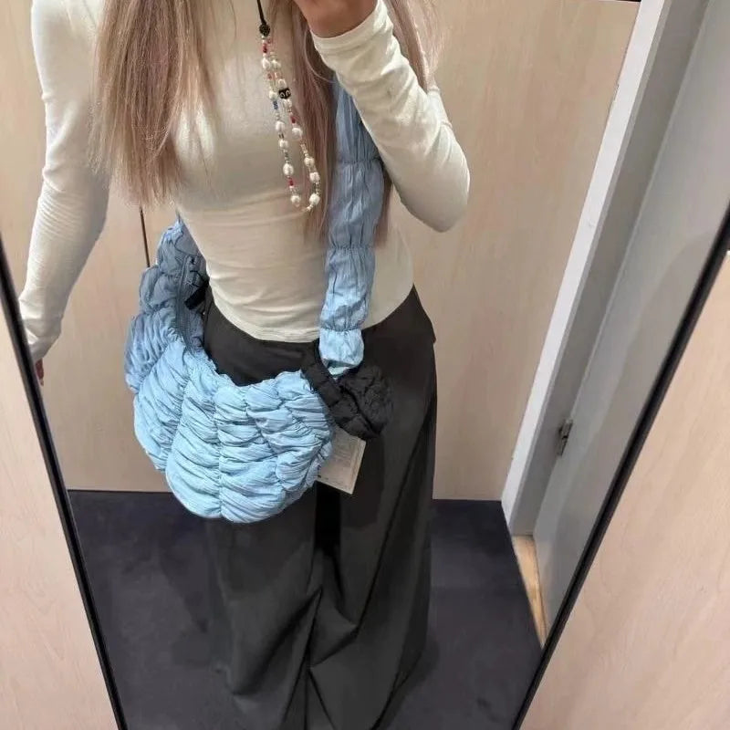 Korean Style Balletcore Bow Shoulder Bag Women Pleated Large Capacity Cloud Bag Ladies Sweet Cute Crossbody Bag New