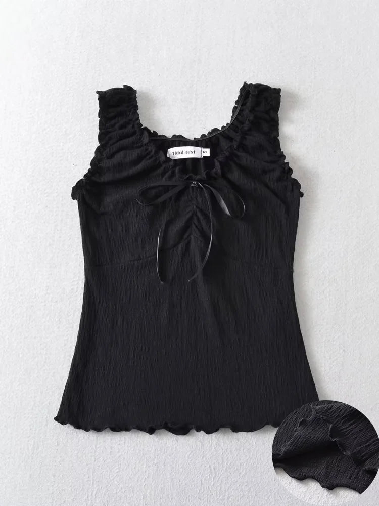 Lacing Patchwork Agaric Laces Crop Tank Top Women Shirring V-Neck Sweet Slim Versatile Vest American Hottie Streetwear