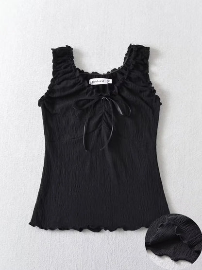 Lacing Patchwork Agaric Laces Crop Tank Top Women Shirring V-Neck Sweet Slim Versatile Vest American Hottie Streetwear